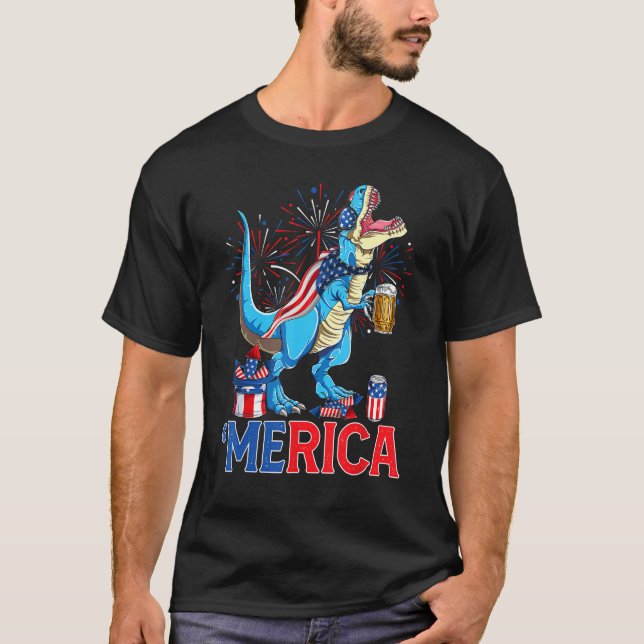 T-shirt Merican Rex & Beer Glass USA Flag Indepedence Day (Devant)