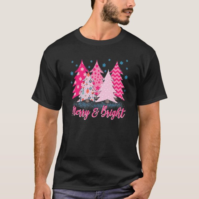 T-shirt Merry And Bright Pink Christmas Tree (Devant)