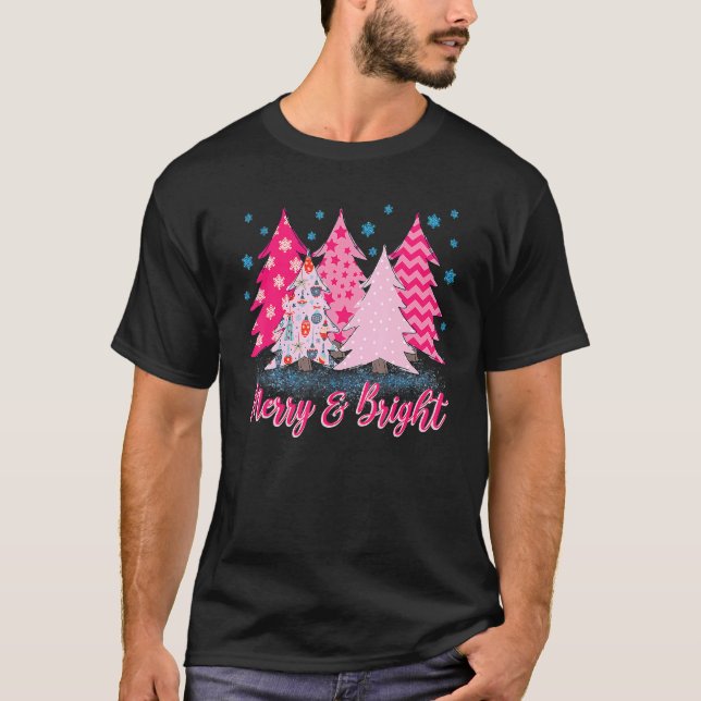 T-shirt Merry and Bright Pink Christmas Tree Pink Christma (Devant)