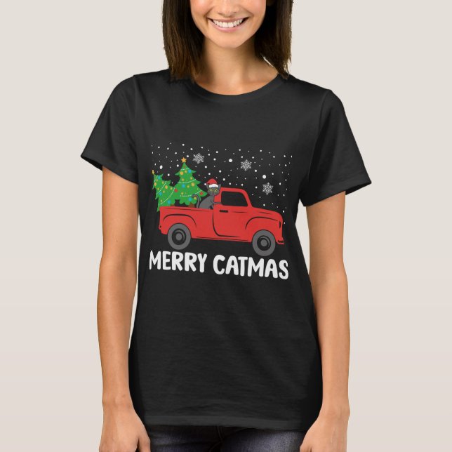 T-shirt Merry Catmas Chat noir et sapin de Noël Truc rouge (Devant)