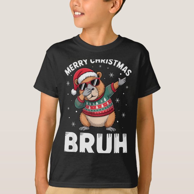 T-shirt Merry Christmas Bruh Capybara Dabbing Santa Hat Xm (Devant)