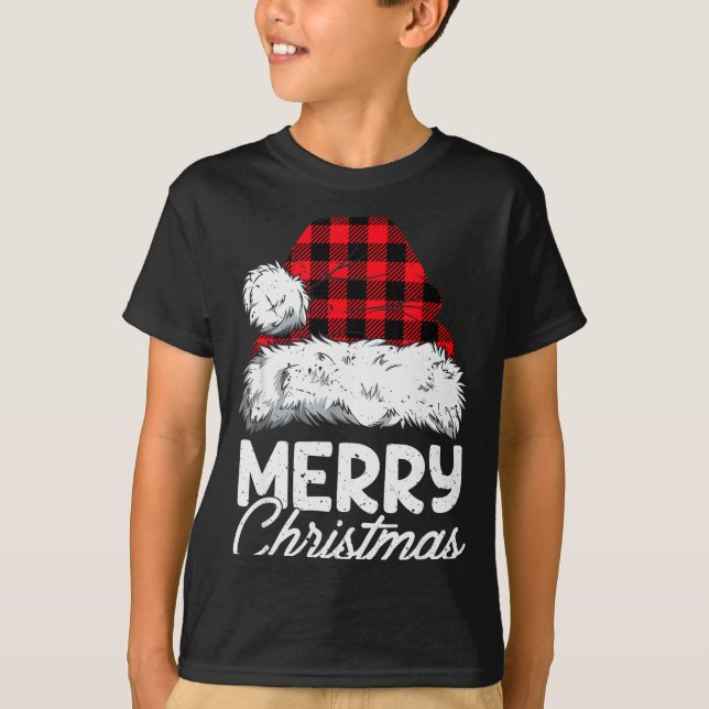 T-shirt Merry Christmas Buffalo Plaid Red Santa Hat Xmas P (Devant)