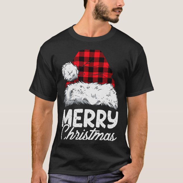 T-shirt Merry Christmas Buffalo Plaid Red Santa Hat Xmas P (Devant)