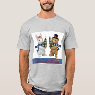 T-shirt Merry Christmas Bunny and Bear Holding Trees T-Shi