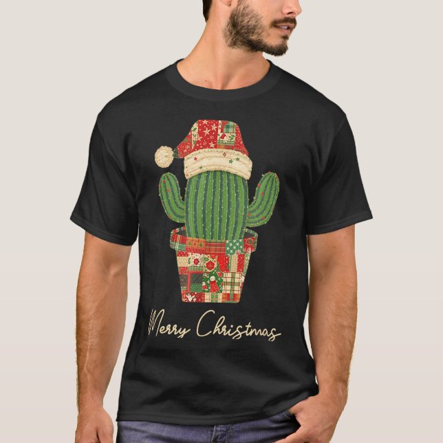T-shirt Merry Christmas Cactus Patchwork Quilt  (Devant)