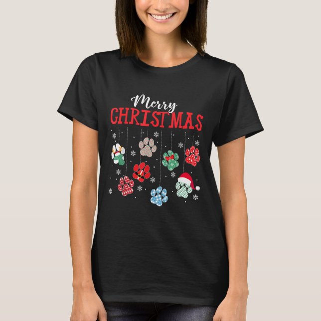 T-shirt Merry Christmas Dog Paws Lights Funny Xmas Womens  (Devant)