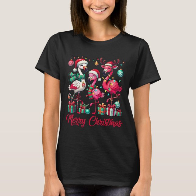 T-shirt Merry Christmas Lights Flamingo Santa Hat Snow Xma (Devant)