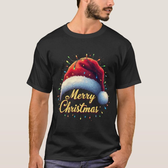 T-shirt Merry Christmas Lights Red Santa Hat Xmas Family M (Devant)