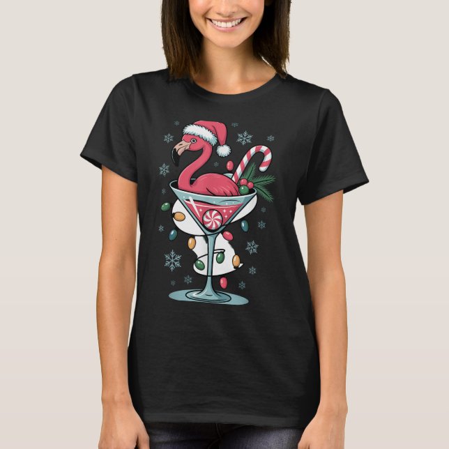 T-shirt Merry Christmas Nk Flamingo Wine Drinking Lights X (Devant)