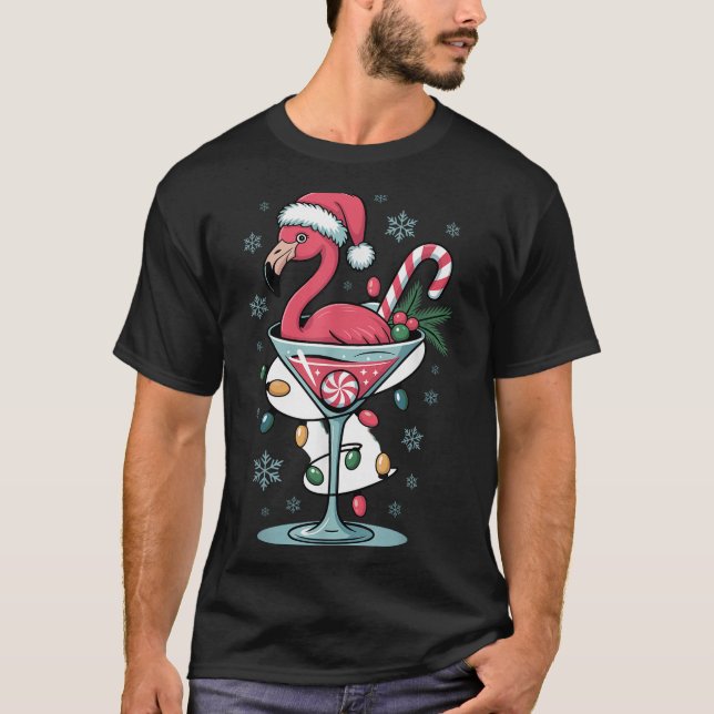 T-shirt Merry Christmas Nk Flamingo Wine Drinking Lights X (Devant)