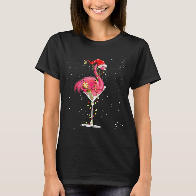 T-shirt Merry Christmas Nk Flamingo Wine Drinking Lights X (Devant)