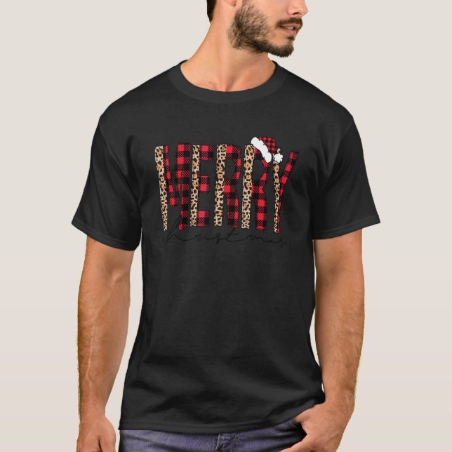 T-shirt Merry Christmas Red Plaid and Leopard Pattern Xmas (Devant)
