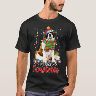T-shirt Merry Christmas Saint Bernard Santa Hat Tree Light