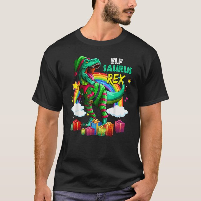 T-shirt Merry Christmas Santa Rainbow Elf Saurus Rex (Devant)