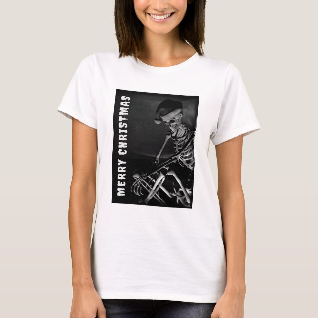 T-shirt Merry Christmas. Skeleton with Santa hat (Devant)