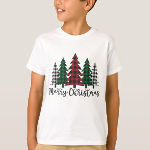 T-shirt Merry Christmas Tree Buffalo Plaid Red White Green