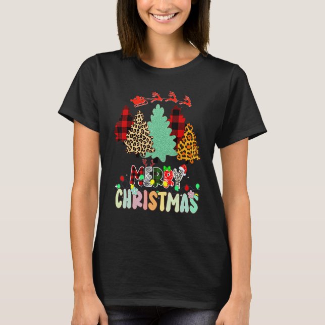 T-shirt Merry Christmas Tree Leopard Buffalo Red Plaid For (Devant)