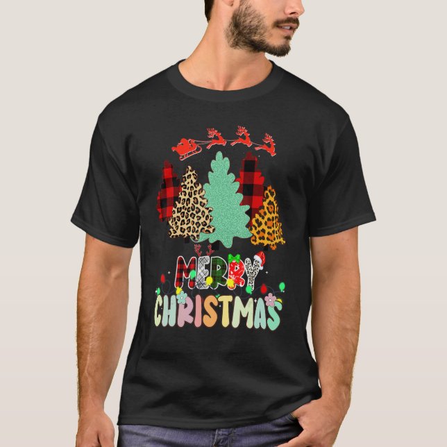 T-shirt Merry Christmas Tree Leopard Buffalo Red Plaid For (Devant)