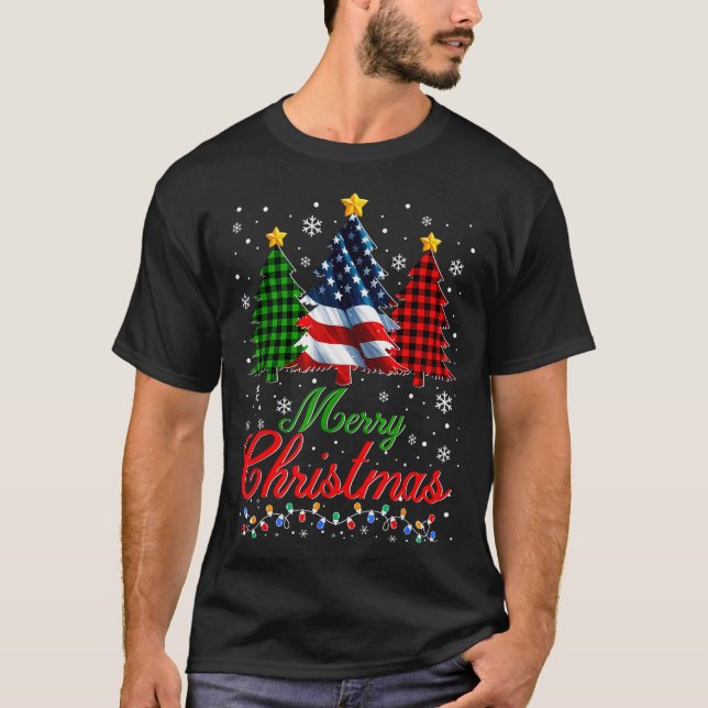 T-shirt Merry Christmas Tree Plaid Us Flag Snowflake Xmas  (Devant)