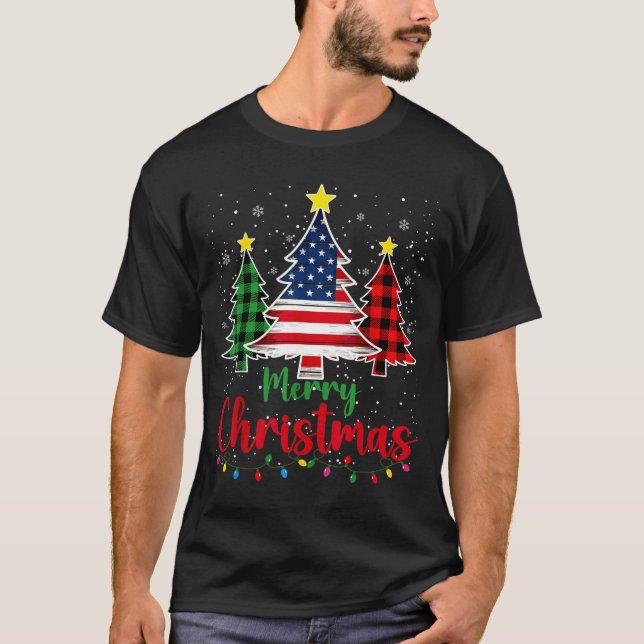 T-shirt Merry Christmas Tree Plaid Us Flag Snowflake Xmas  (Devant)