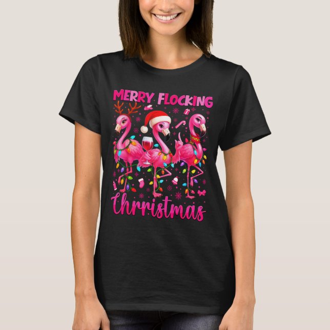 T-shirt Merry Flocking Christmas Flamingo Drink Pjs Xmas M (Devant)