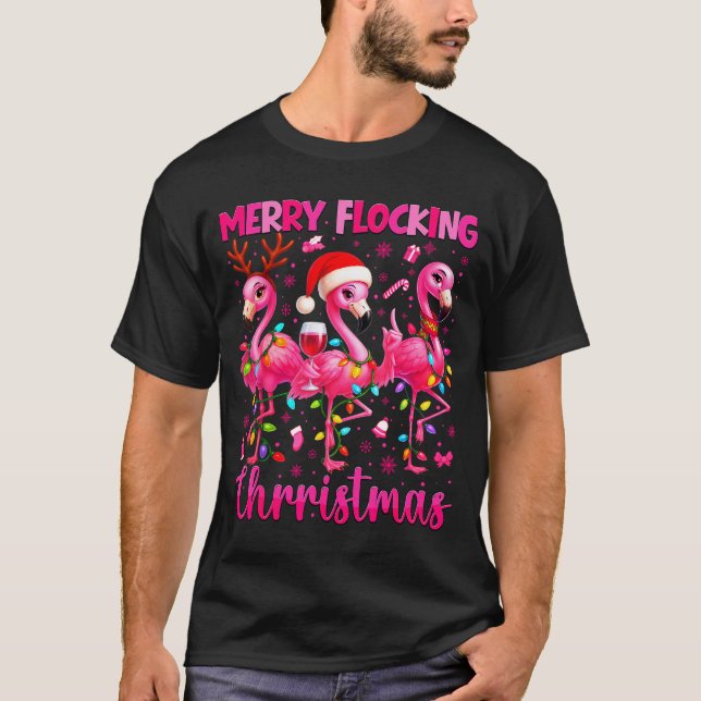 T-shirt Merry Flocking Christmas Flamingo Drink Pjs Xmas M (Devant)