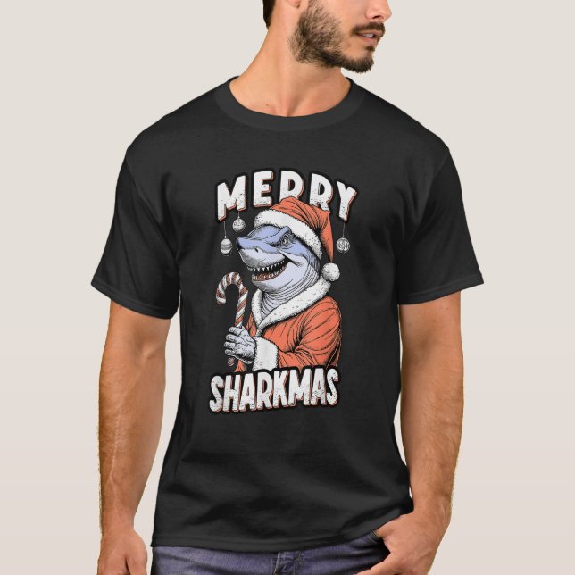 T-shirt Merry Sharkmas Funny Shark Santa Claus Candy Cane  (Devant)