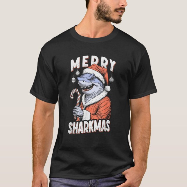 T-shirt Merry Sharkmas Funny Shark Santa Claus Candy Cane  (Devant)