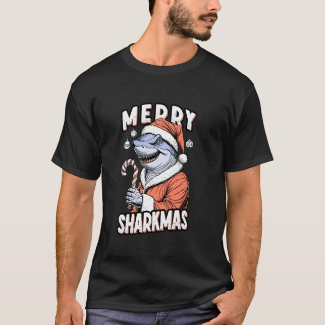 T-shirt Merry Sharkmas Funny Shark Santa Claus Candy Cane  (Devant)