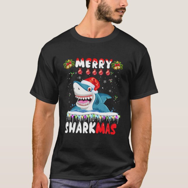 T-shirt Merry Sharkmas Père Noël Ride Shark laide Noël lai (Devant)