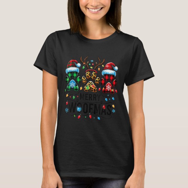 T-shirt Merry Woofmas Christmas Dog Paws Lights Buffalo Pl (Devant)