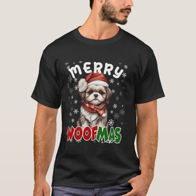 T-shirt Merry Woofmas Joyeux Noël Funky Shih Tzu Chien M (Devant)