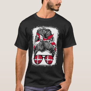 T-shirt Messy Bun Cheveux Danemark Lunettes Drapeau Danois