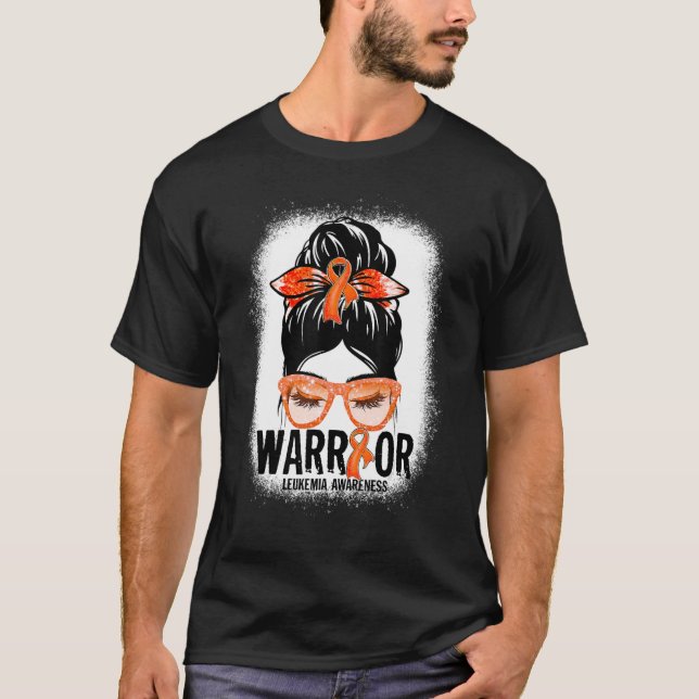 T-shirt Messy Bun Leopard Orange Ribbon Leukemia guerrier (Devant)