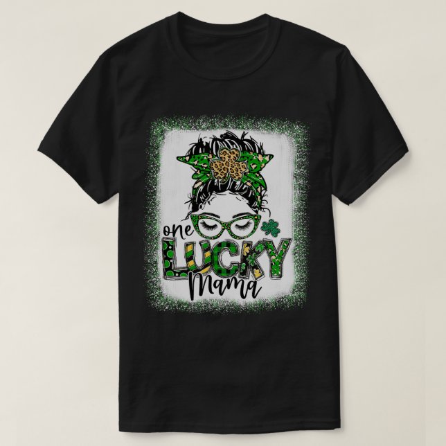T-shirt Messy Bun Leopard St Patrick's Day One Lucky Mama (Design devant)