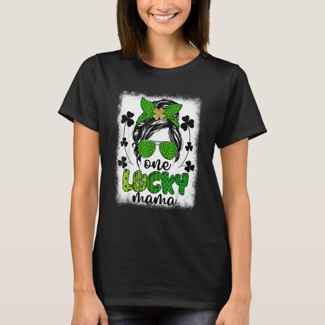 T-shirt Messy Bun Leopard St Patrick's Day One Lucky Mama (Devant)
