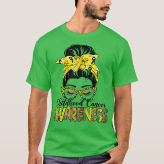 T-shirt Messy Bun Leopard Yellow Ribbon Cancer de l'Enfanc