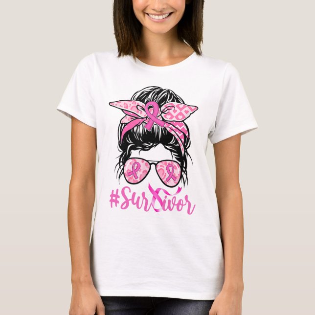 T-shirt Messy Bun rose Ruban Leopard Cancer du sein guerri (Devant)