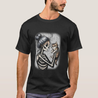 T-shirt Messy Bun Skeleton Cute Kitten Amoureux de les cha