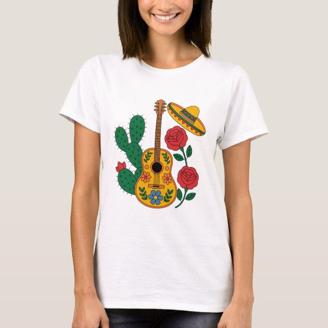 T-shirt Mexican Guitar Sombrero and Cactus Fiesta Design (Devant)