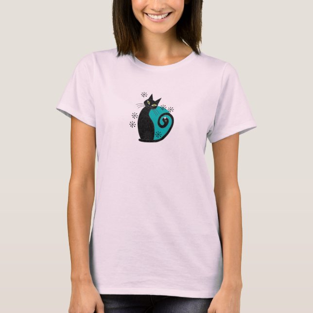 T-shirt Mi-siècle moderne Chat atomique rose bleu rétro (Devant)