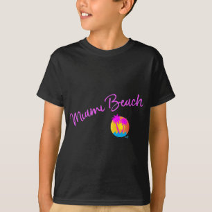T-shirt Miami-Beach-logo-soleil-palmiers-rose