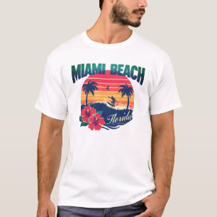 T-shirt Miami Beach Surfer Sunset Hibiscus Floride Voyage