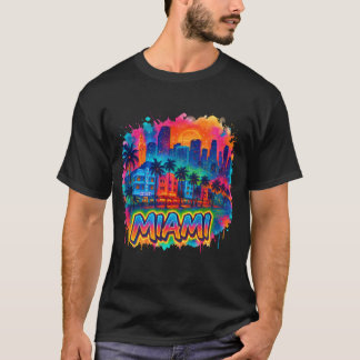 T-shirt Miami City Neon Skyline avec Tropical Vibe Art