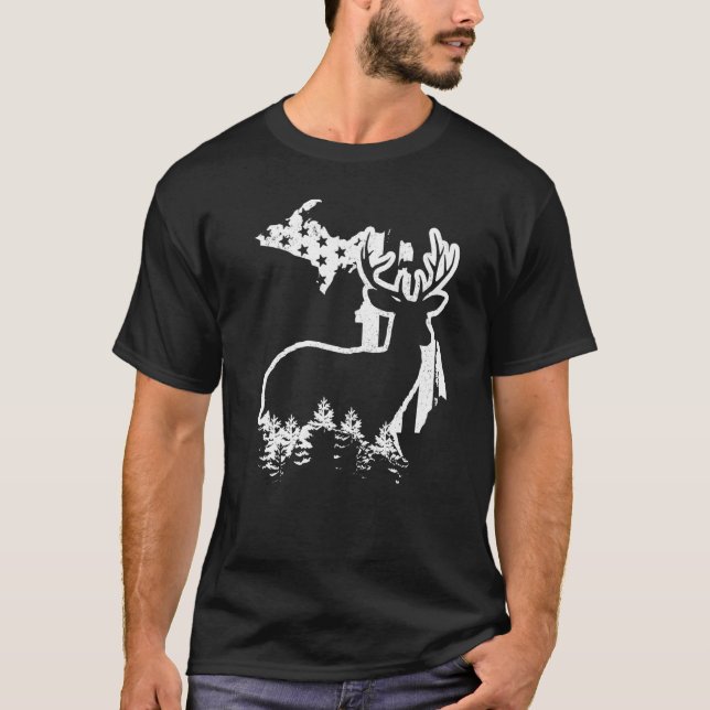 T-shirt Michigan Elk Hunting State Map US Drapeau Patrioti (Devant)