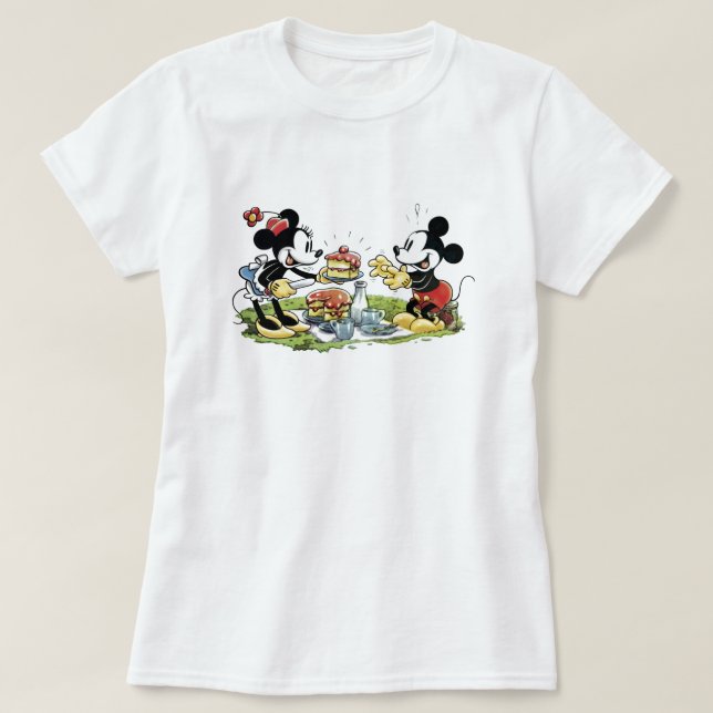 T-shirt Mickey et Minnie Pique-nique manger gâteau (Design devant)