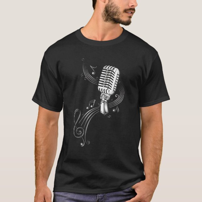T-shirt Microphone Avec Notes De Musique Et Clef. Amoureux (Devant)