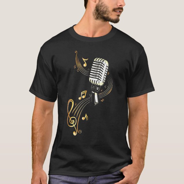 T-shirt Microphone Musique Rétro Avec Notes Musicales Et C (Devant)