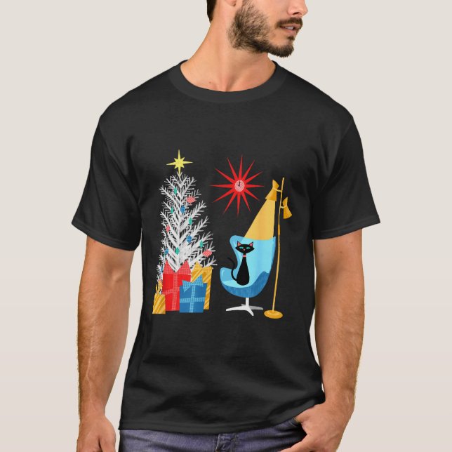 T-shirt Mid-century Modern Christmas Tree And Cat In Retro (Devant)
