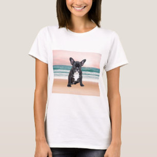 T-shirt Mignon Bouledogue Français Plage Soleil Eau